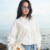 Áo Sơ Mi Crop Nữ Tay Dài Cotton Phối Túi Dây Thả